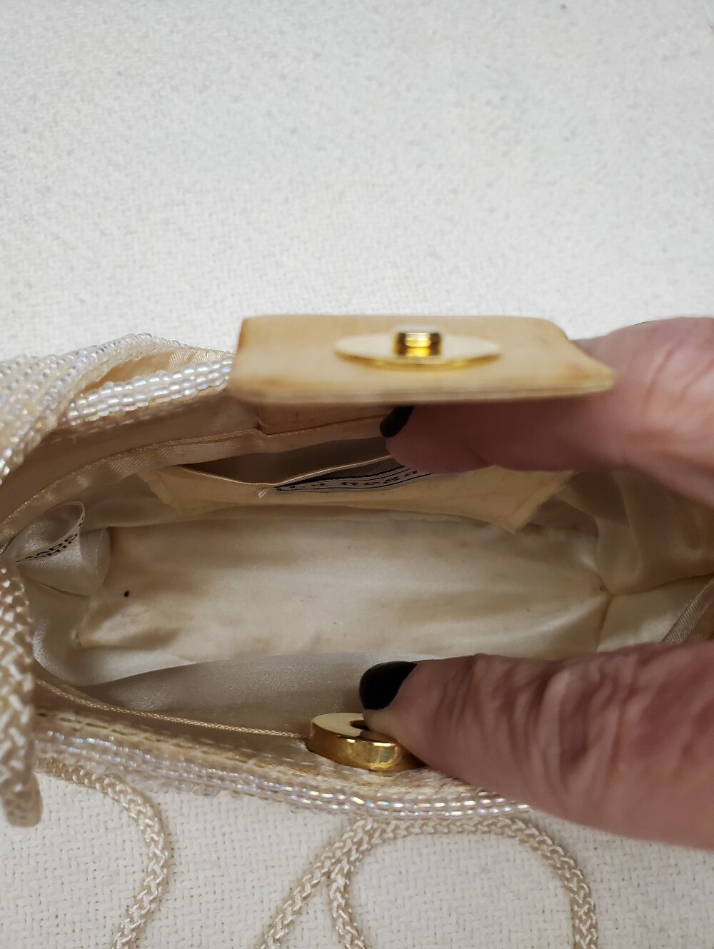 Vintage La Regale Beaded Fringe Evening Bag Ivory Pearl Crossbody Mini Purse - Picture 3 of 10